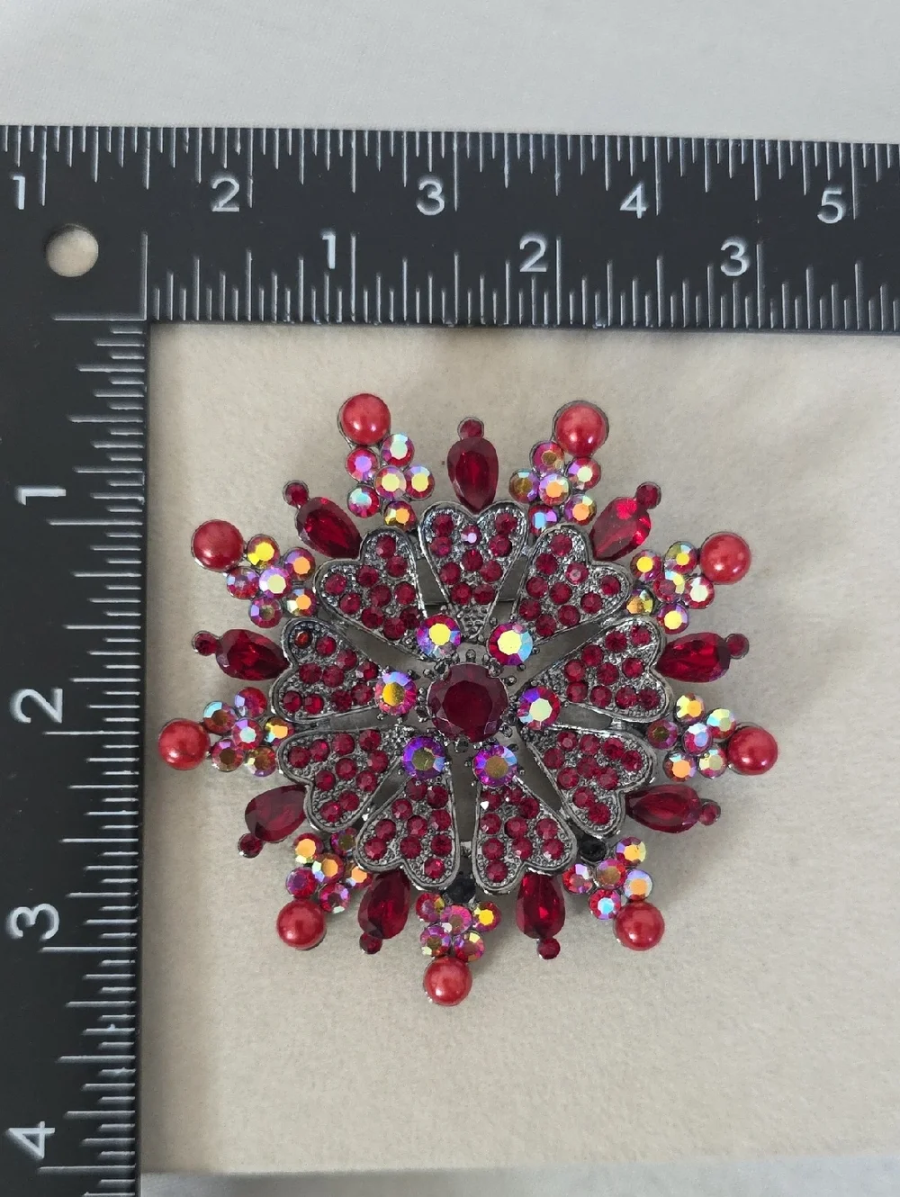 Silver Gunmetal with AB Red Rhinestone Flower Sunburst Brooch Pin